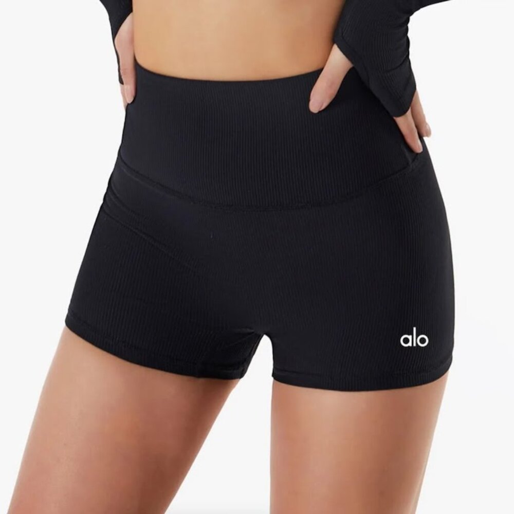 Alo Inspired Ribbed High Waist Yoga Shorts Black Athleisure Activewear